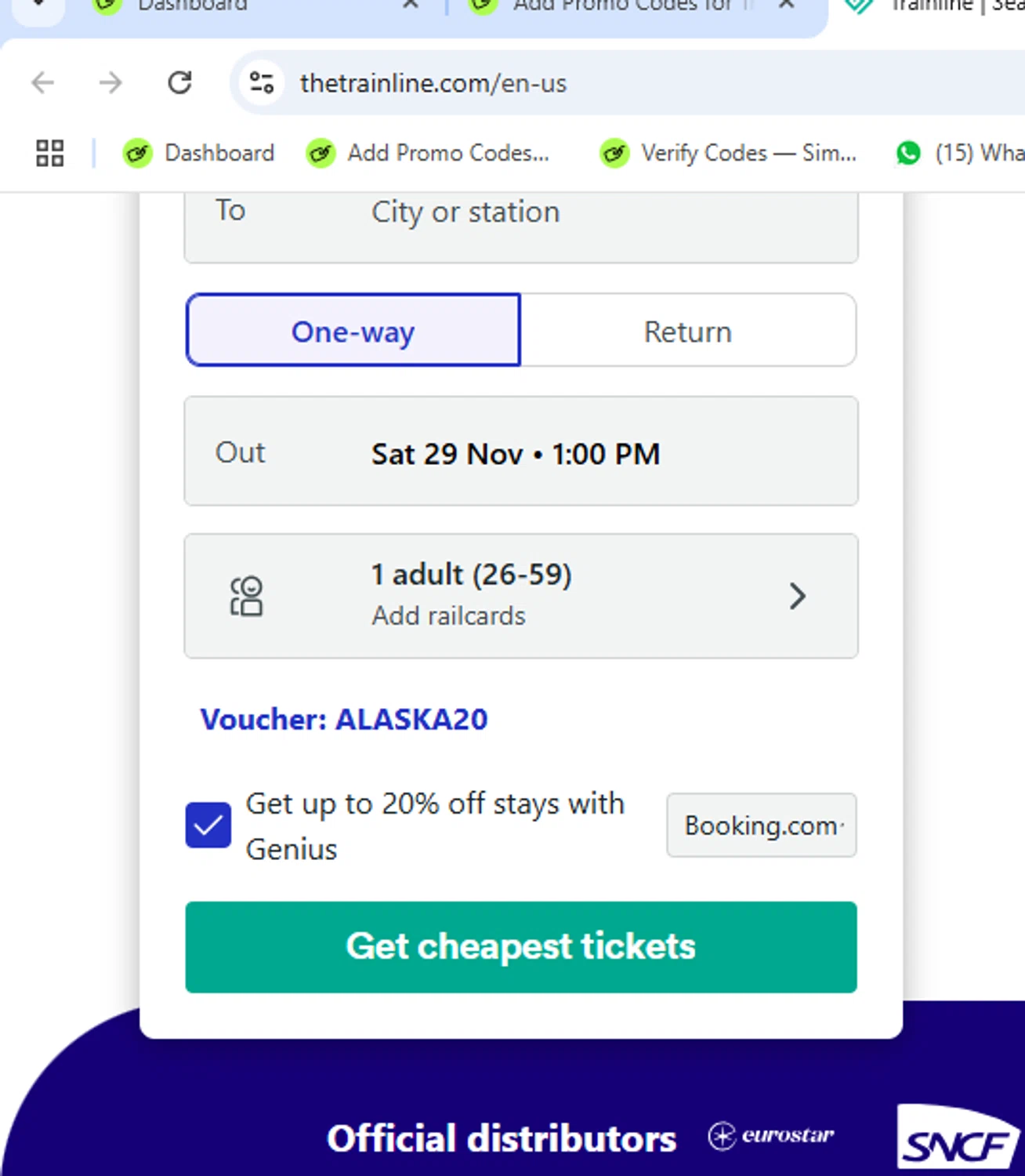 Trainline discount code screenshot showing code ALASKA20 applied at Trainline checkout page. Uploaded by SimplyCodes community member yeresojperez on Nov 29, 2025