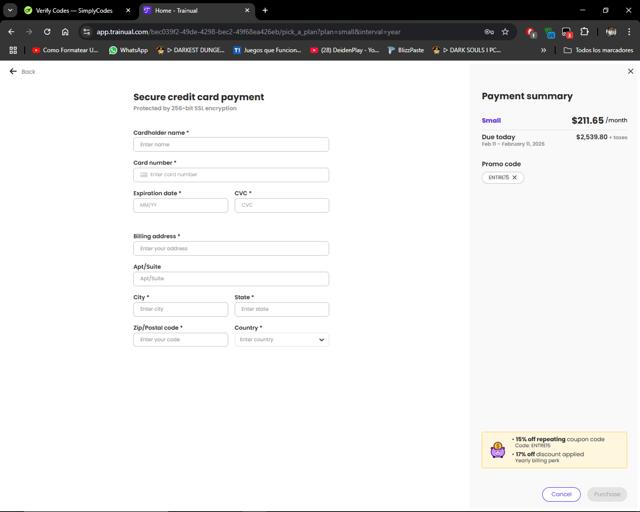 Trainual checkout page showing Trainual promo code box | Screenshot taken by SimplyCodes community member on Feb 11, 2025