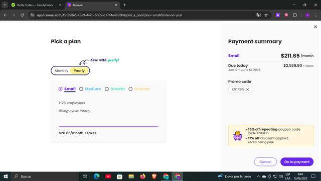 Trainual checkout page showing Trainual promo code box | Screenshot taken by SimplyCodes community member on Jun 12, 2025