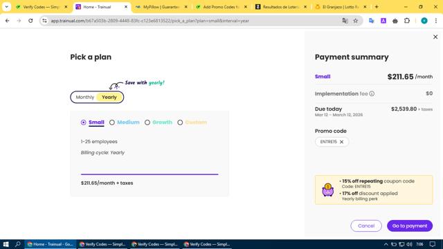 Trainual checkout page showing Trainual promo code box | Screenshot taken by SimplyCodes community member on Mar 12, 2025