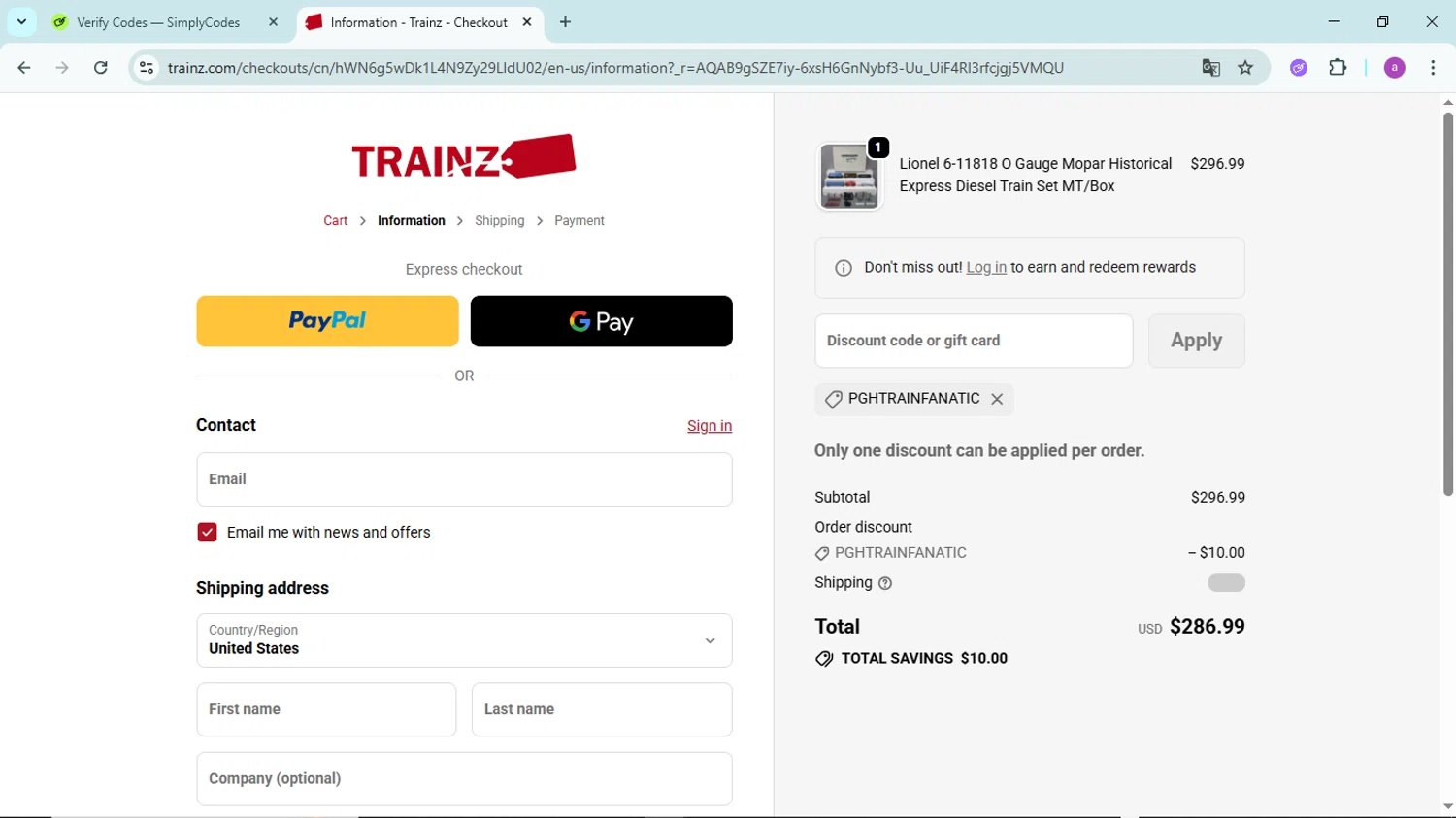 Trainz promo code screenshot showing code PGHTRAINFANATIC applied at Trainz checkout page. Uploaded by SimplyCodes community member PennyBoss9589 on Dec 21, 2025