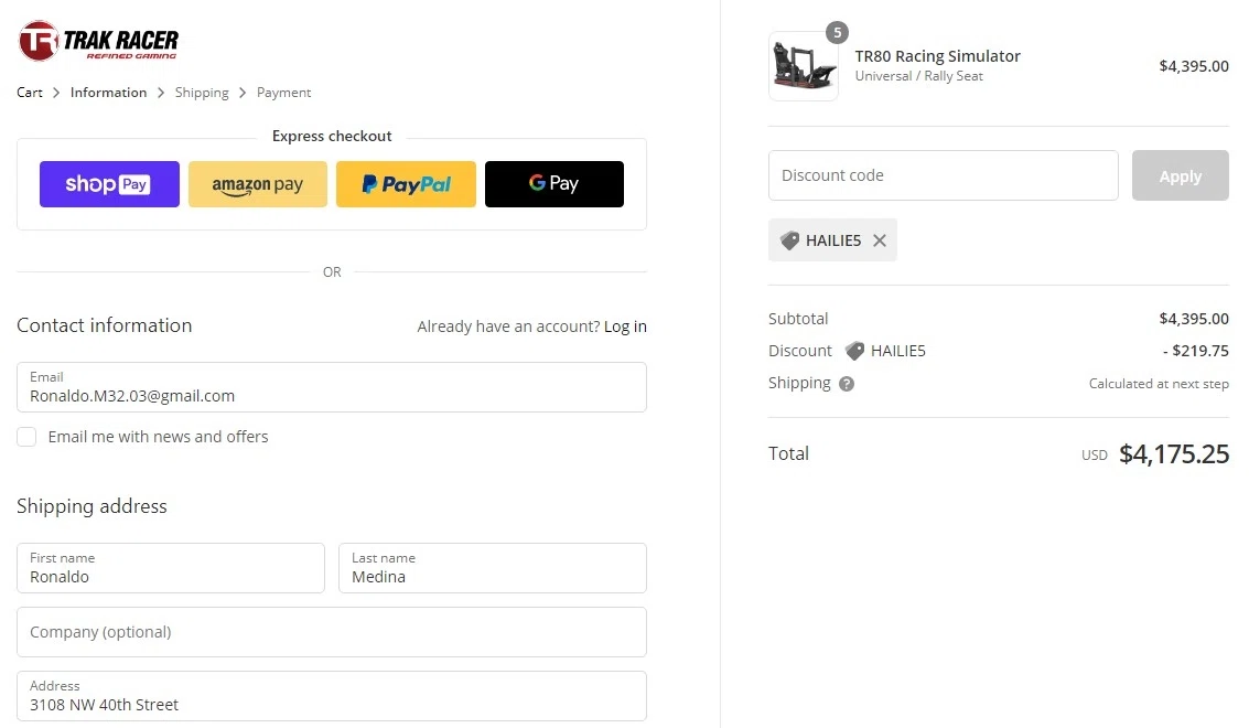 Trak Racer checkout page showing Trak Racer discount code box | Screenshot taken by SimplyCodes community member on Jan 26, 2022