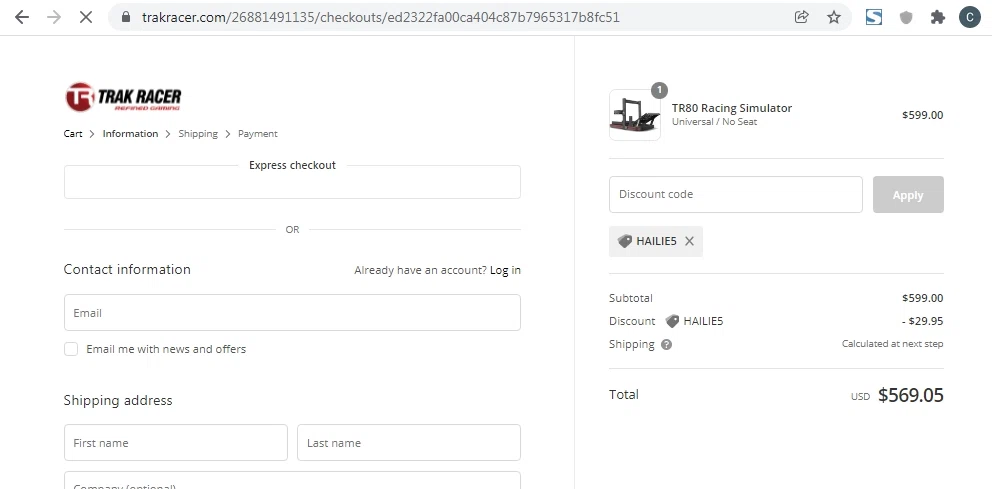 Trak Racer checkout page showing Trak Racer discount code box | Screenshot taken by SimplyCodes community member on Jan 20, 2022