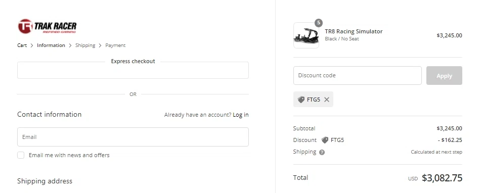 Trak Racer checkout page showing Trak Racer discount code box | Screenshot taken by SimplyCodes community member on Jan 20, 2022