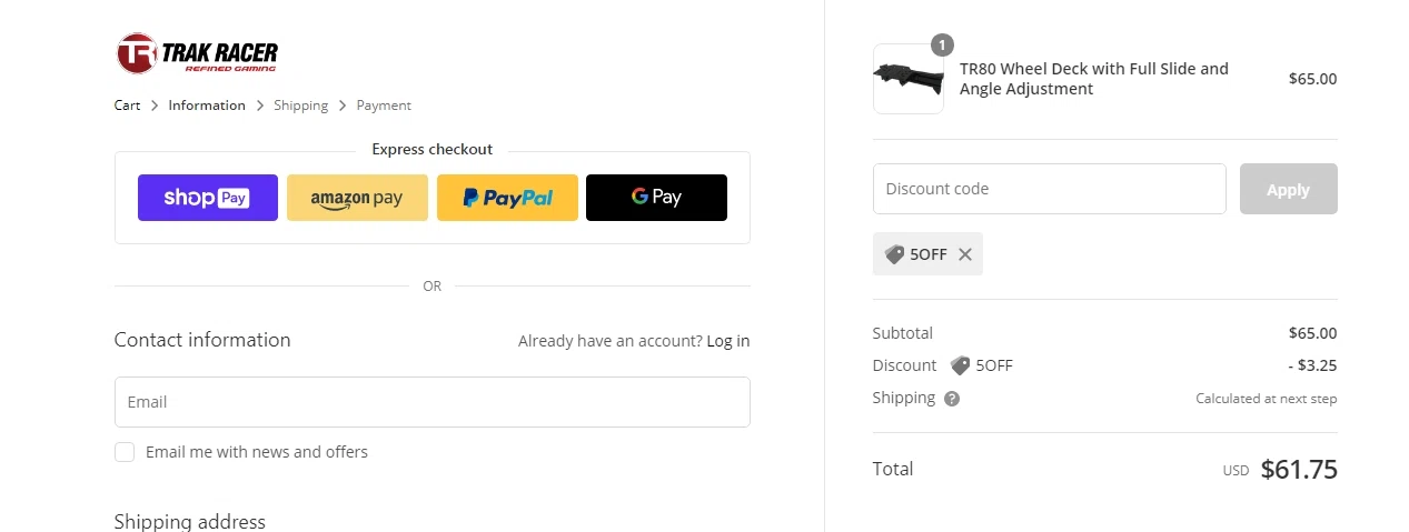 Trak Racer checkout page showing Trak Racer discount code box | Screenshot taken by SimplyCodes community member on Jan 6, 2022