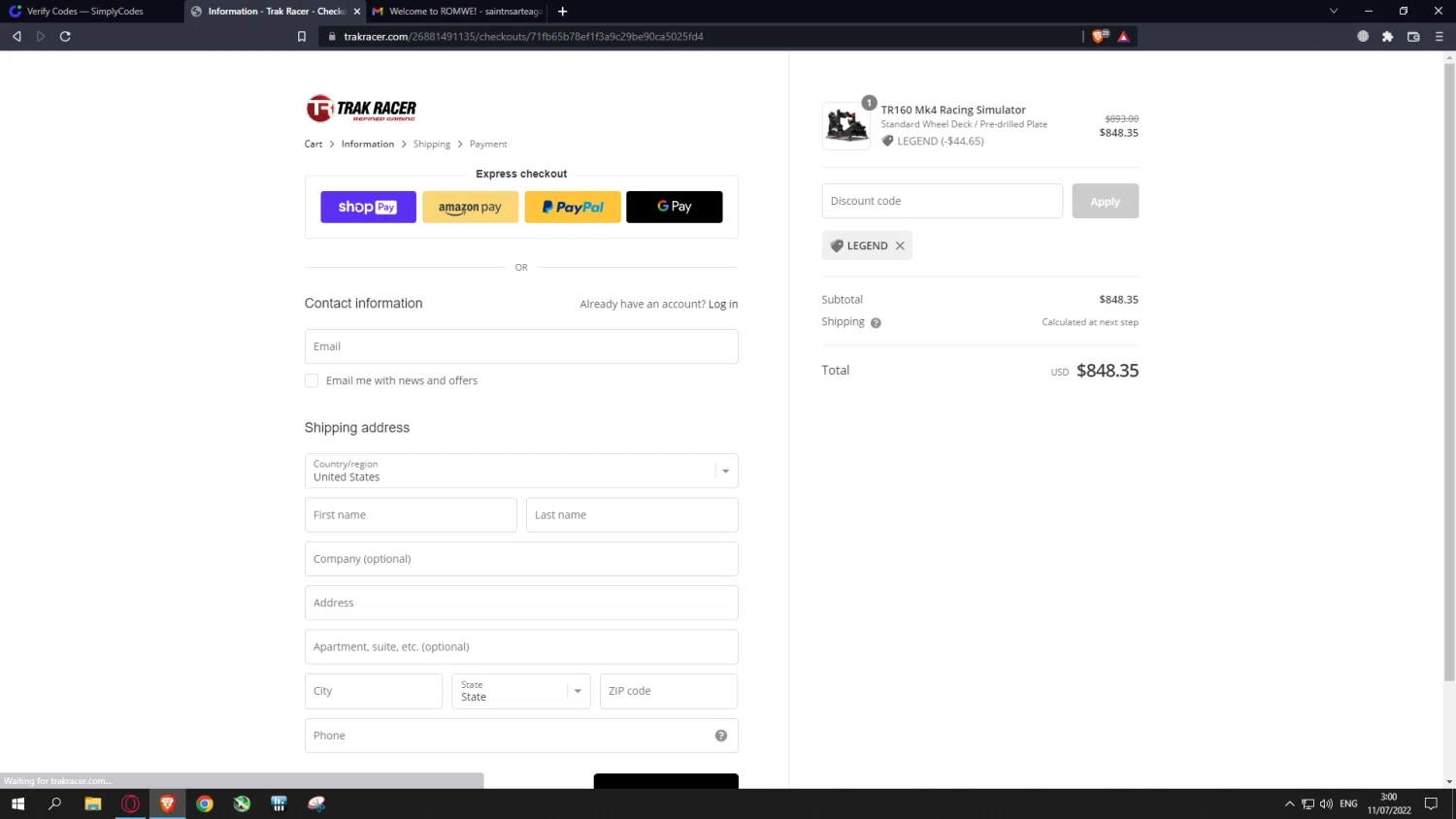 Trak Racer checkout page showing Trak Racer discount code box | Screenshot taken by SimplyCodes community member on Jul 11, 2022