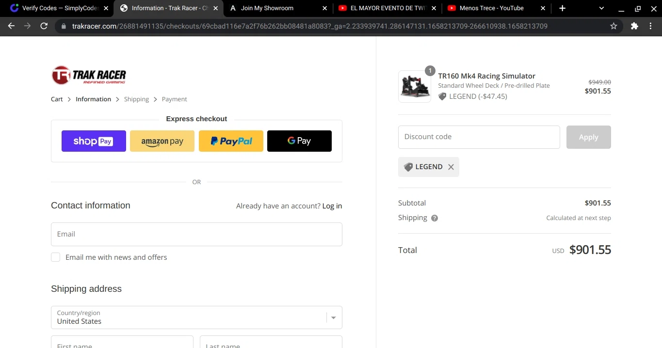 Trak Racer checkout page showing Trak Racer discount code box | Screenshot taken by SimplyCodes community member on Jul 18, 2022