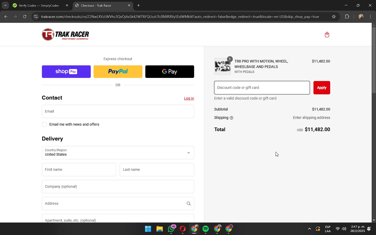 Trak Racer discount code screenshot showing code TRO8TDTCLXZ2 applied at Trak Racer checkout page. Uploaded by SimplyCodes community member JennaOrtega on Feb 28, 2025