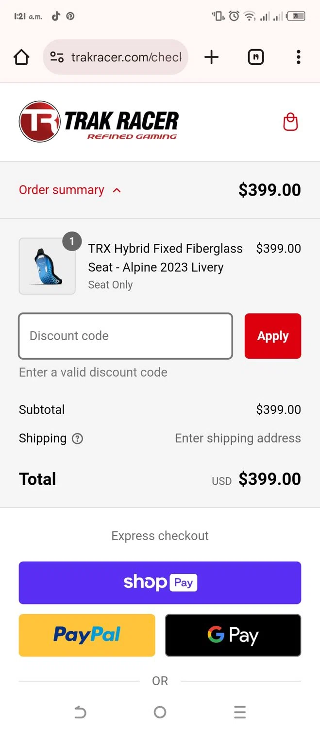 Trak Racer discount code screenshot showing code FREEGLOVES applied at Trak Racer checkout page. Uploaded by SimplyCodes community member WonderW on Dec 31, 2024