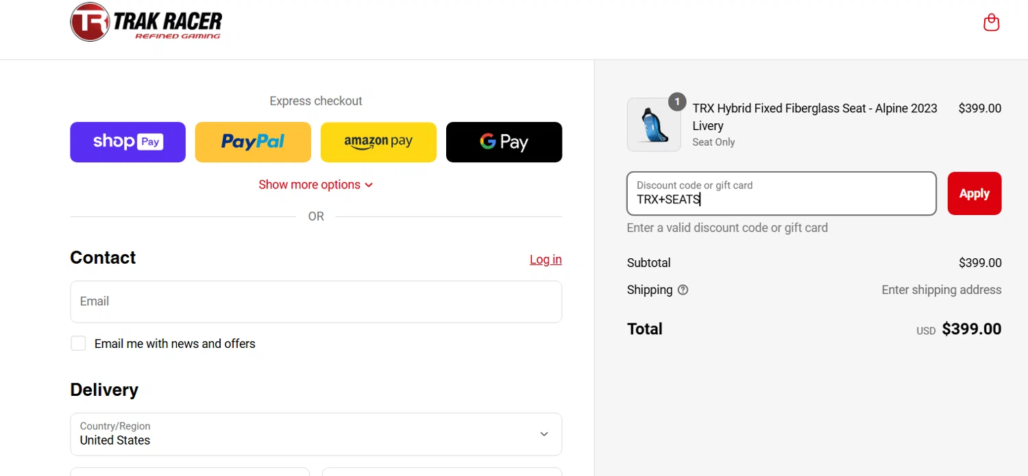 Trak Racer discount code screenshot showing code TRX+SEATS applied at Trak Racer checkout page. Uploaded by SimplyCodes community member RichterBelmont on Mar 15, 2025