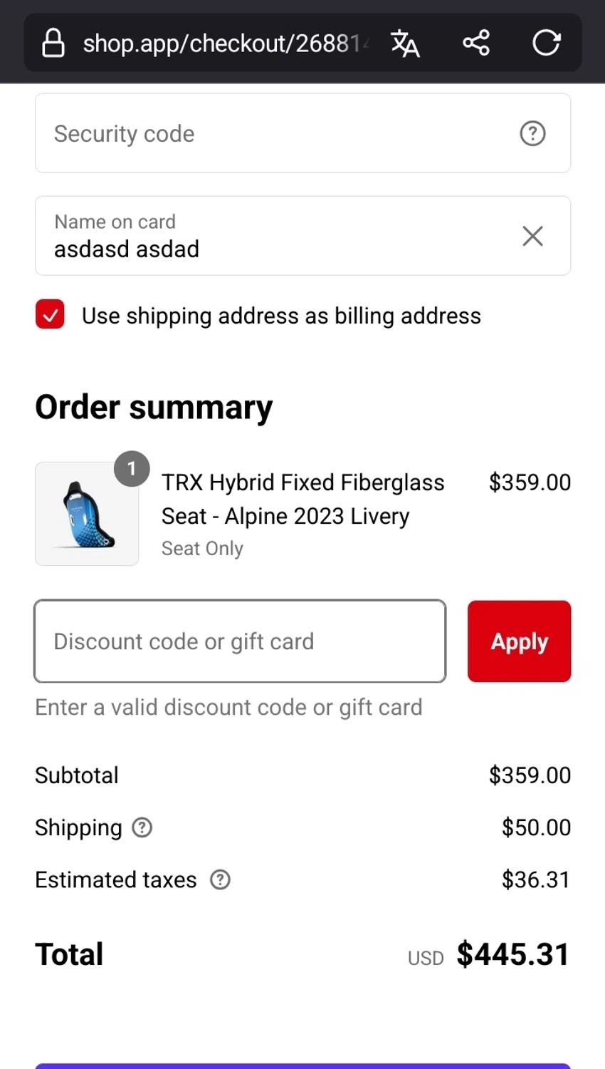 Trak Racer discount code screenshot showing code TRX+SEATS applied at Trak Racer checkout page. Uploaded by SimplyCodes community member Sukuna_ on Jan 16, 2025