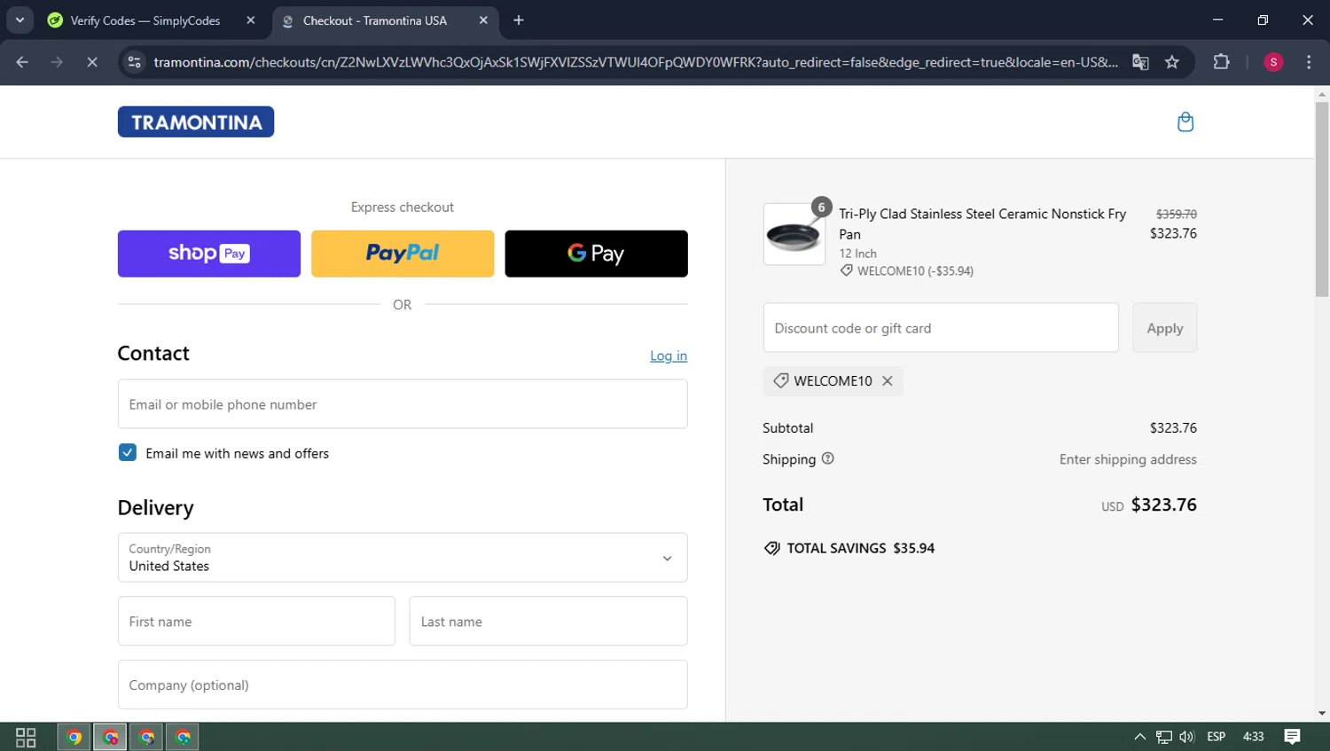 Tramontina Store promo code screenshot showing code WELCOME10 applied at Tramontina Store checkout page. Uploaded by SimplyCodes community member BALLERINA on Feb 23, 2025