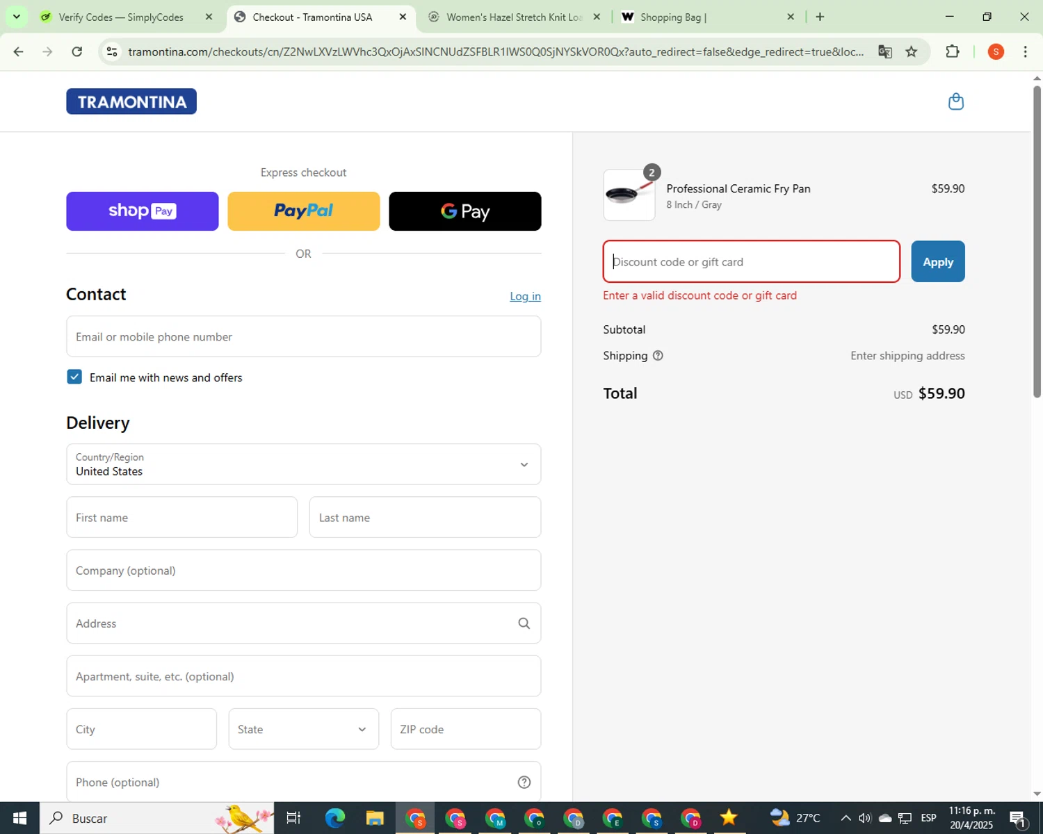 Tramontina Store promo code screenshot showing code BRAVO15 applied at Tramontina Store checkout page. Uploaded by SimplyCodes community member CrownBoss9623 on Apr 21, 2025