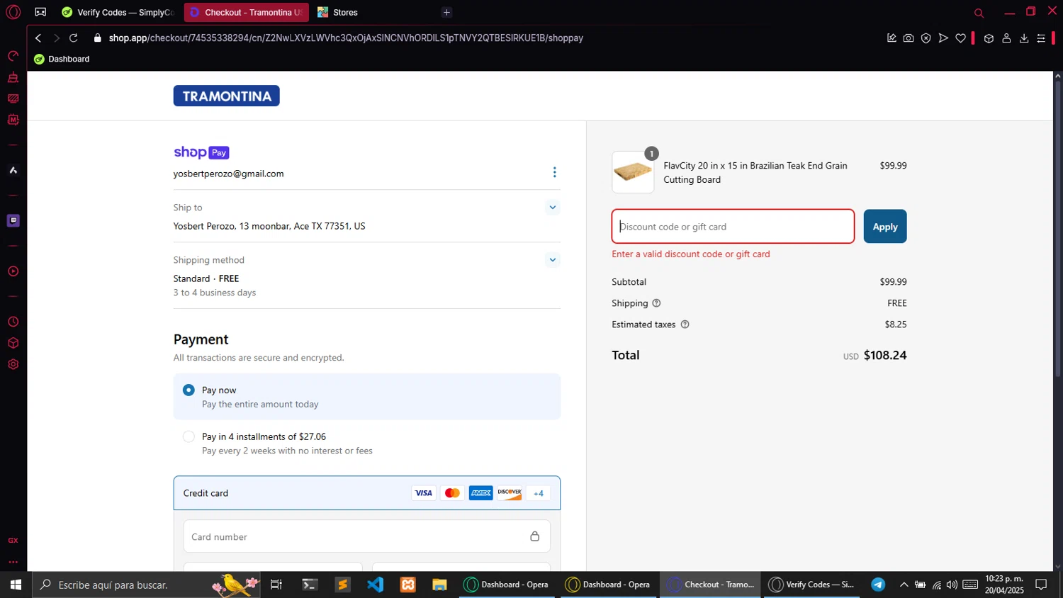Tramontina Store promo code screenshot showing code BRAVO15 applied at Tramontina Store checkout page. Uploaded by SimplyCodes community member codetester on Apr 21, 2025