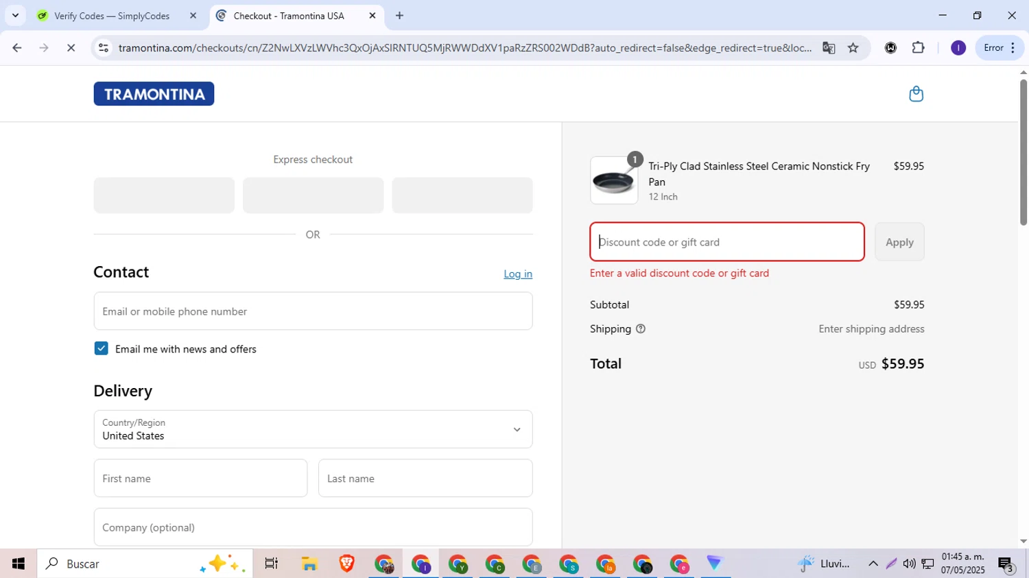 Tramontina Store promo code screenshot showing code setsale25 applied at Tramontina Store checkout page. Uploaded by SimplyCodes community member BudgetSentinel4673 on May 7, 2025