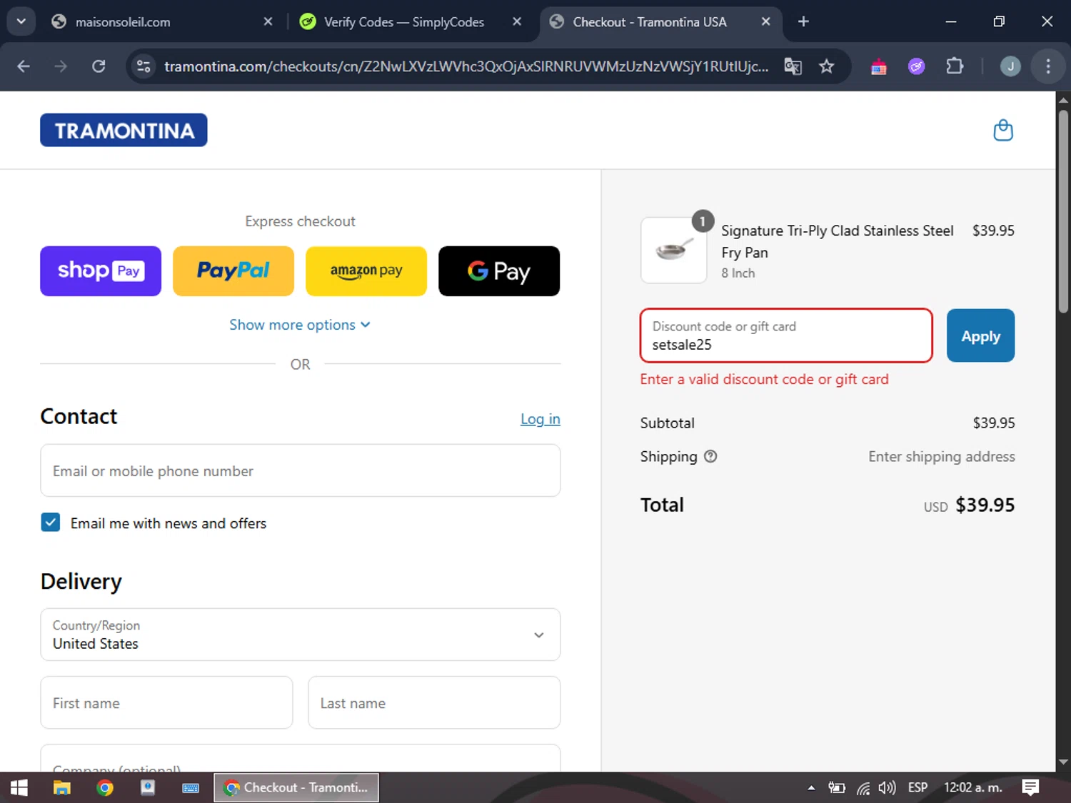 Tramontina Store promo code screenshot showing code setsale25 applied at Tramontina Store checkout page. Uploaded by SimplyCodes community member BonusGuardian249 on May 7, 2025