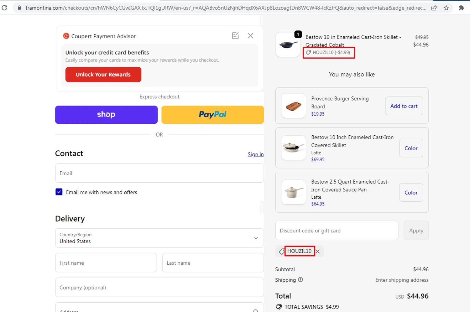 Tramontina Store promo code screenshot showing code HOUZIL10 applied at Tramontina Store checkout page. Uploaded by SimplyCodes community member nileskamarcano on Dec 8, 2025