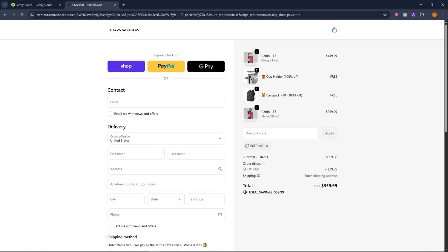 Tramora promo code screenshot showing code EXTRA10 applied at Tramora checkout page. Uploaded by SimplyCodes community member ShrewdCaptain9911 on Dec 22, 2025