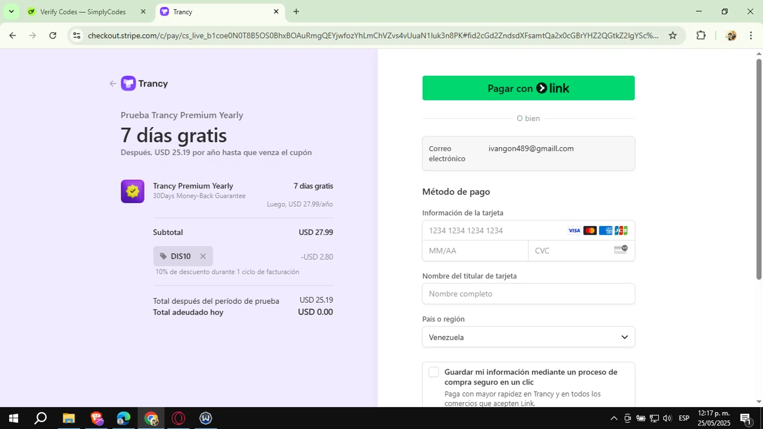 Trancy checkout page showing Trancy promo code box | Screenshot taken by SimplyCodes community member on May 25, 2025