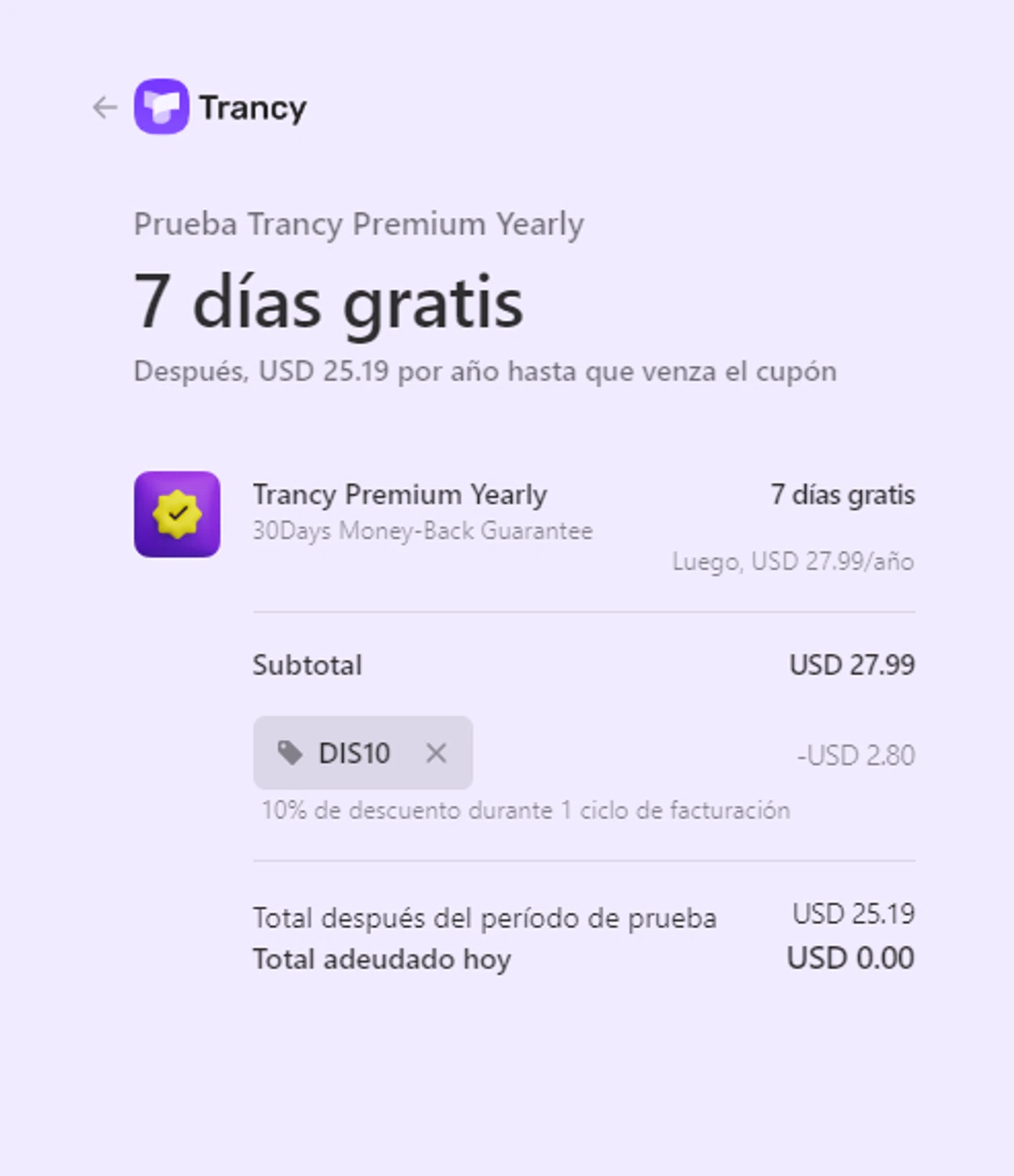 Trancy checkout page showing Trancy promo code box | Screenshot taken by SimplyCodes community member on Oct 16, 2024
