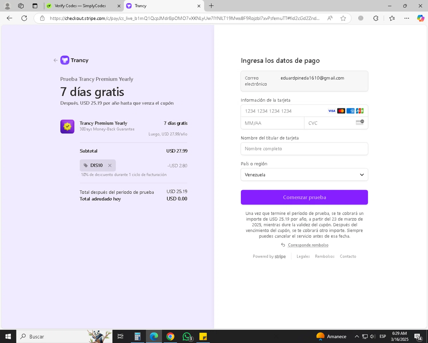 Trancy checkout page showing Trancy promo code box | Screenshot taken by SimplyCodes community member on Mar 16, 2025