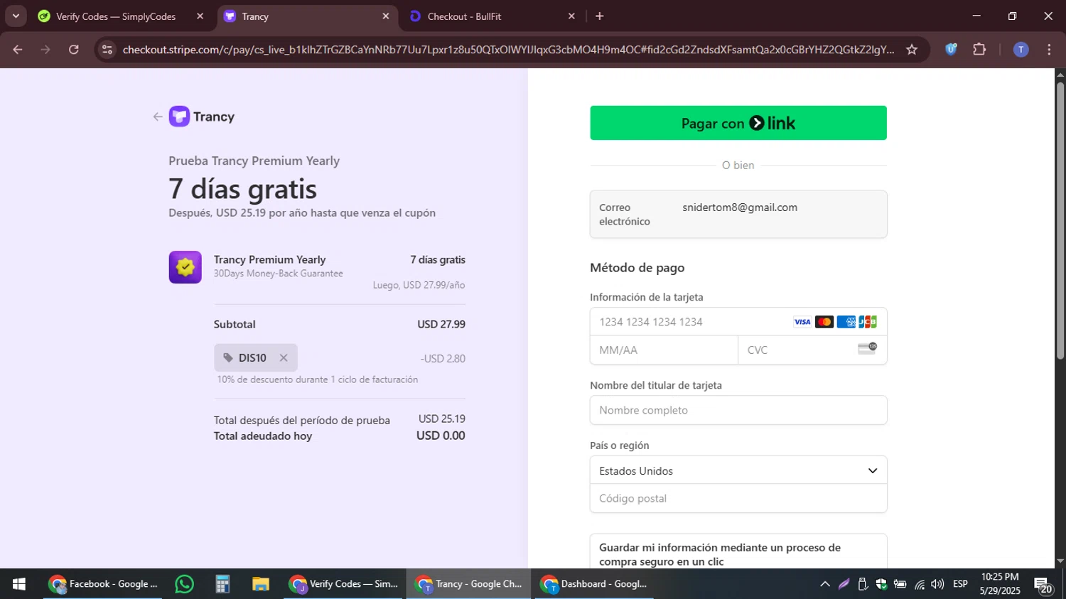 Trancy promo code screenshot showing code DIS10 applied at Trancy checkout page. Uploaded by SimplyCodes community member snidertom8 on May 30, 2025