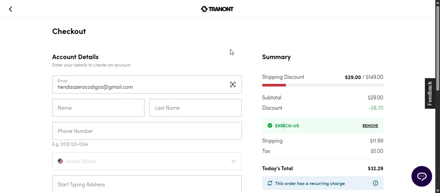 Tranont promo code screenshot showing code ENRICH-US applied at Tranont checkout page. Uploaded by SimplyCodes community member 111111 on Nov 10, 2025