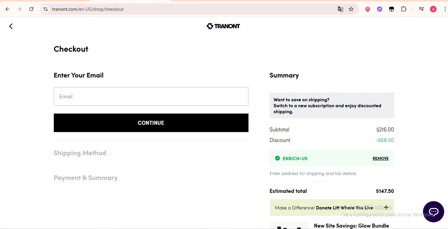 Tranont promo code screenshot showing code ENRICH-US applied at Tranont checkout page. Uploaded by SimplyCodes community member LegendaryHunter6399 on Aug 25, 2025