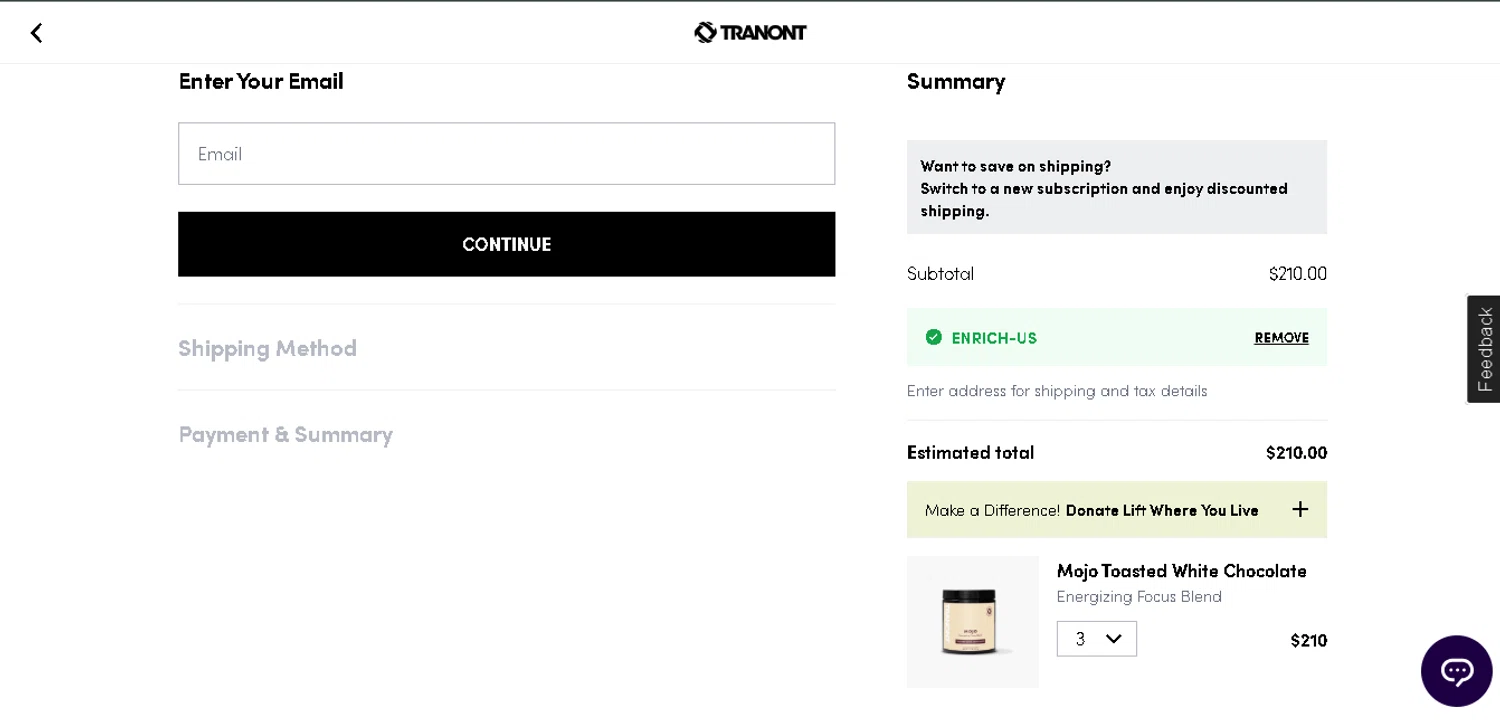 Tranont promo code screenshot showing code ENRICH-US applied at Tranont checkout page. Uploaded by SimplyCodes community member SmartWhiz589 on Dec 5, 2025