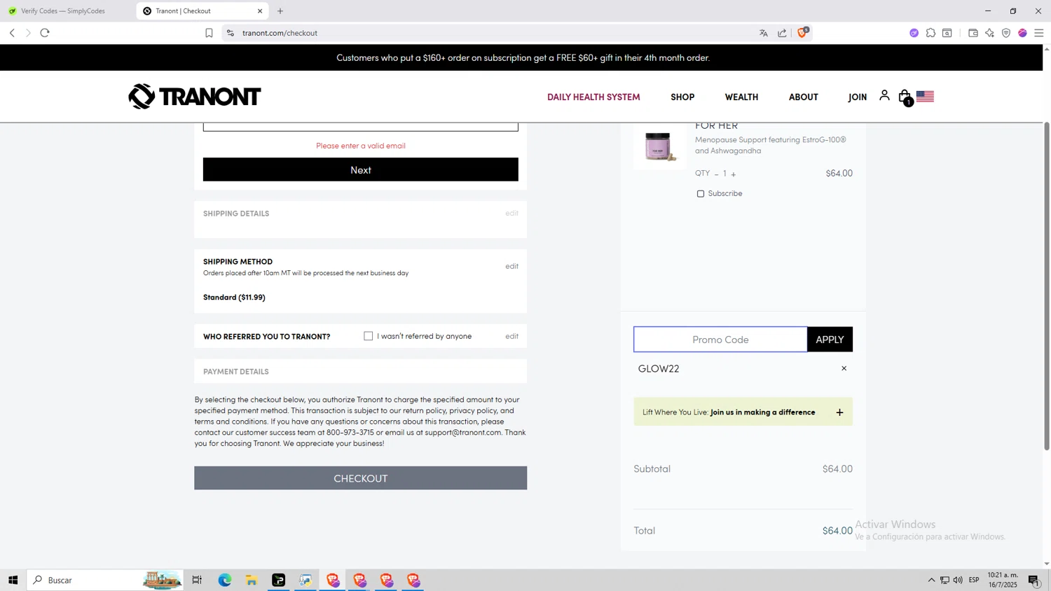 Tranont promo code screenshot showing code GLOW22 applied at Tranont checkout page. Uploaded by SimplyCodes community member Monitos on Jul 16, 2025