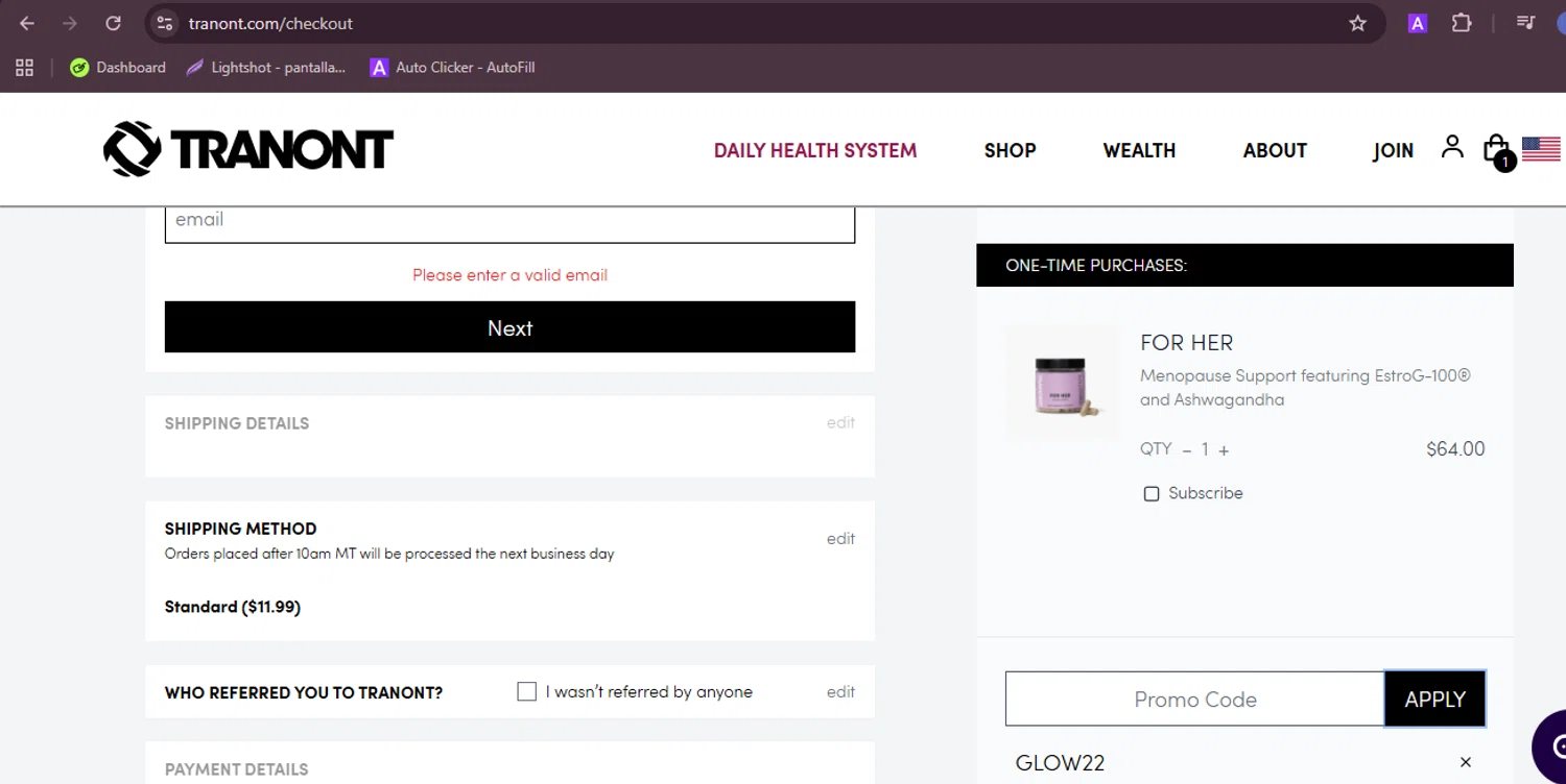 Tranont promo code screenshot showing code GLOW22 applied at Tranont checkout page. Uploaded by SimplyCodes community member RebateFalcon3172 on Aug 8, 2025