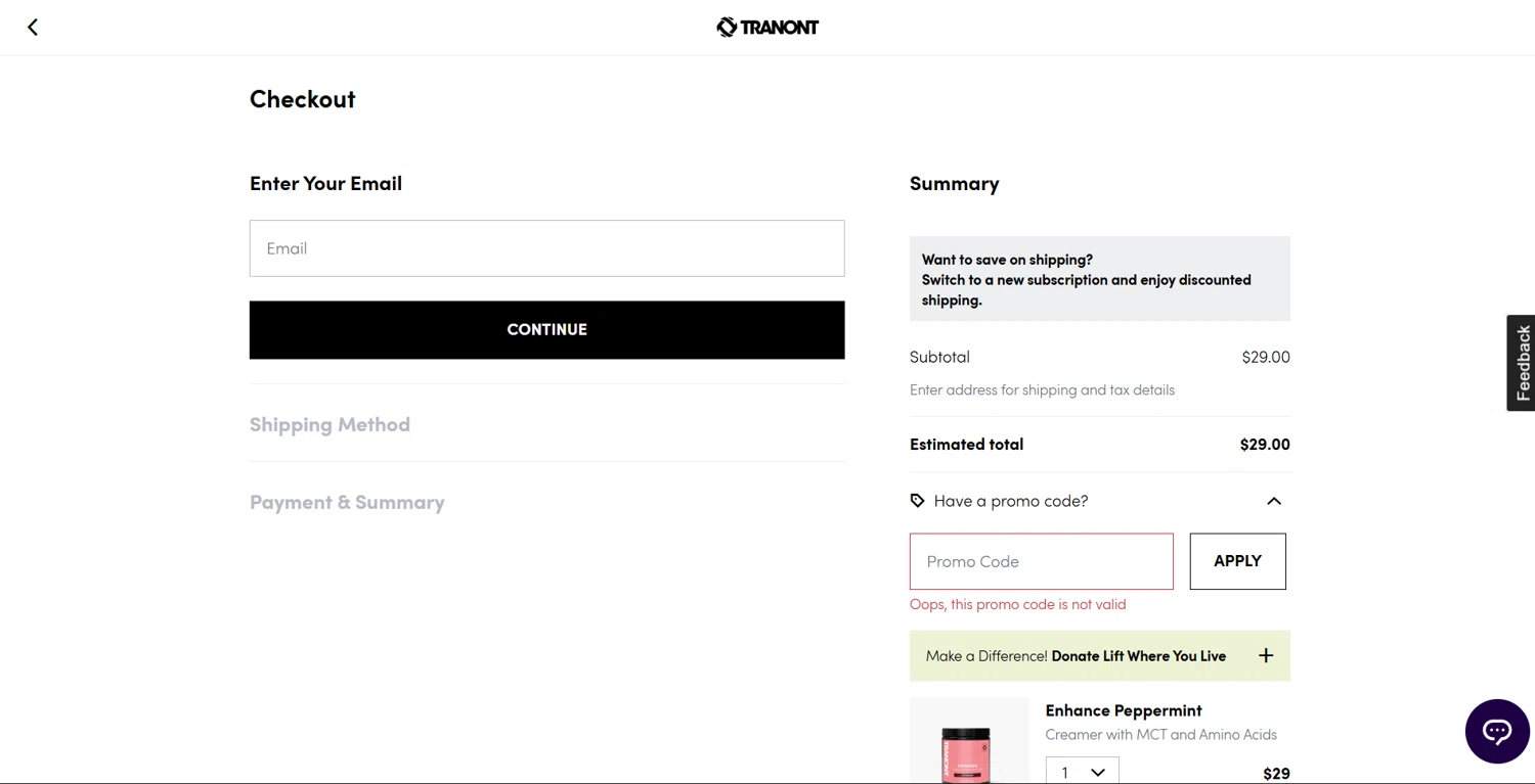 Tranont promo code screenshot showing code ENRICH-CA applied at Tranont checkout page. Uploaded by SimplyCodes community member Lanzaa on Dec 9, 2025