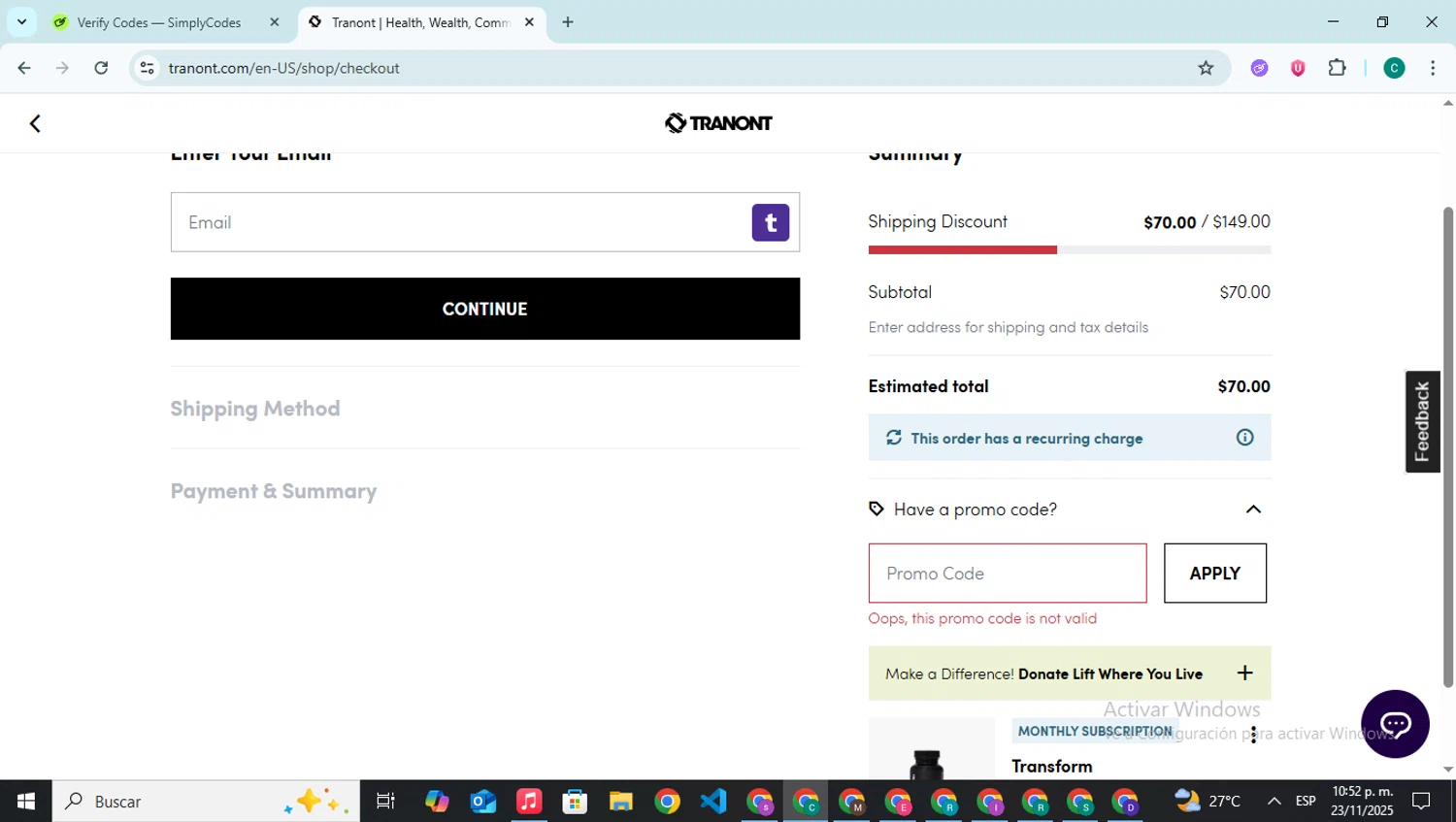 Tranont promo code screenshot showing code FLASH25 applied at Tranont checkout page. Uploaded by SimplyCodes community member BonusPilot927 on Nov 24, 2025