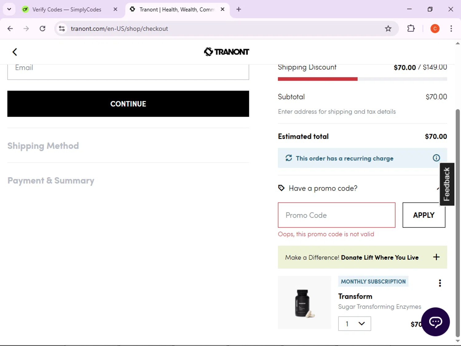 Tranont promo code screenshot showing code FLASH25 applied at Tranont checkout page. Uploaded by SimplyCodes community member CleverFox763 on Nov 24, 2025