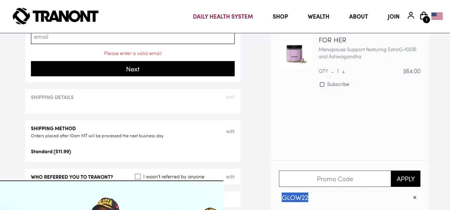 Tranont promo code screenshot showing code GLOW22 applied at Tranont checkout page. Uploaded by SimplyCodes community member ricardoramirez1 on Jun 17, 2025