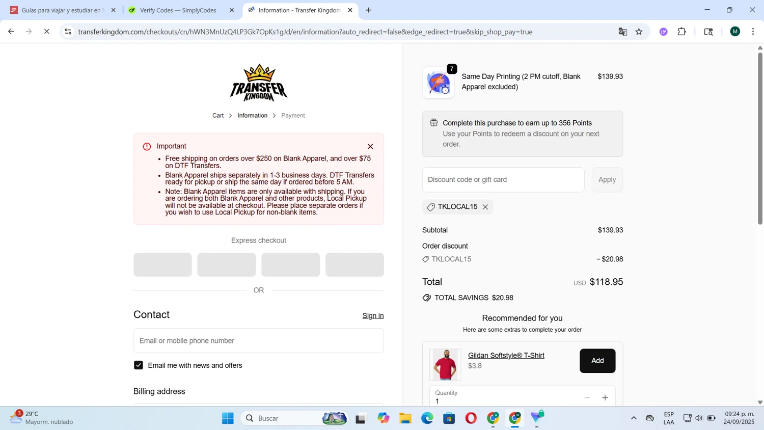 Transfer Kingdom discount code screenshot showing code TKLOCAL15 applied at Transfer Kingdom checkout page. Uploaded by SimplyCodes community member Tortu_1 on Sep 25, 2025