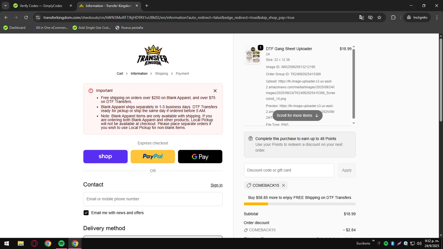 Transfer Kingdom discount code screenshot showing code COMEBACK15 applied at Transfer Kingdom checkout page. Uploaded by SimplyCodes community member CrownCollector9208 on Sep 25, 2025