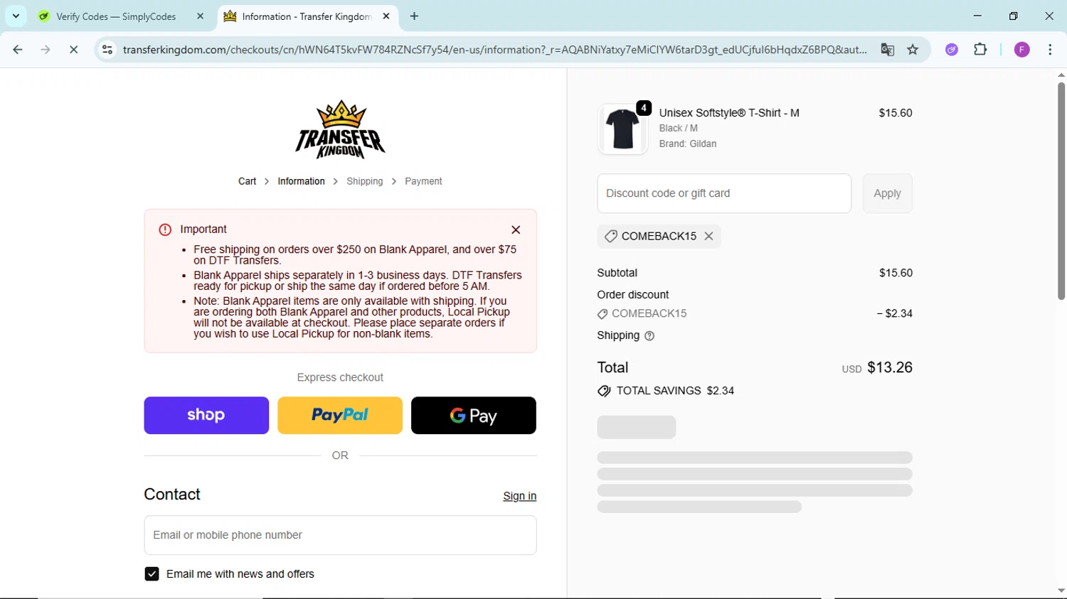 Transfer Kingdom discount code screenshot showing code COMEBACK15 applied at Transfer Kingdom checkout page. Uploaded by SimplyCodes community member ShieldTitan6985 on Dec 5, 2025