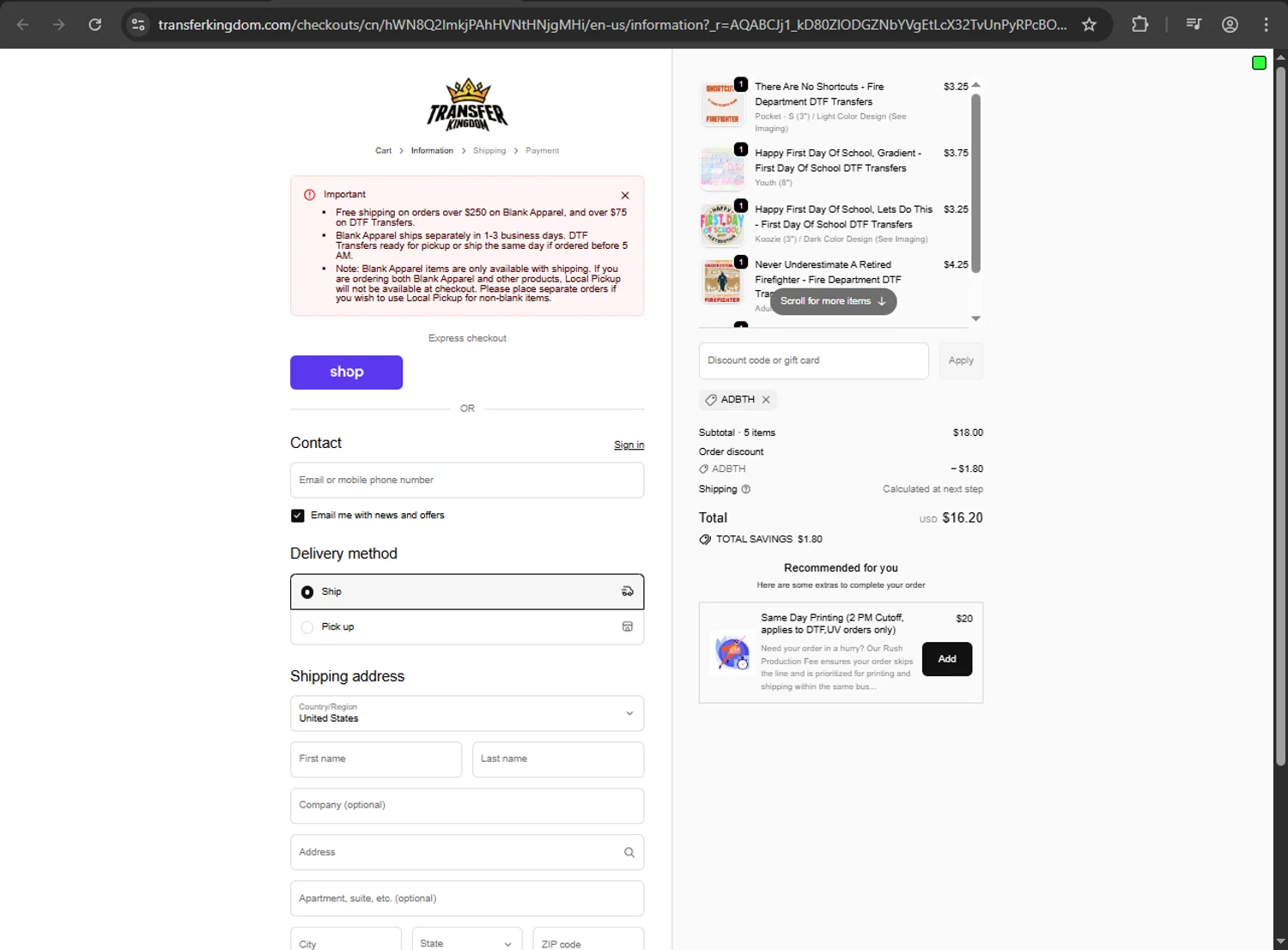 Transfer Kingdom checkout page showing Transfer Kingdom discount code box | Screenshot taken by SimplyCodes community member on Feb 5, 2026
