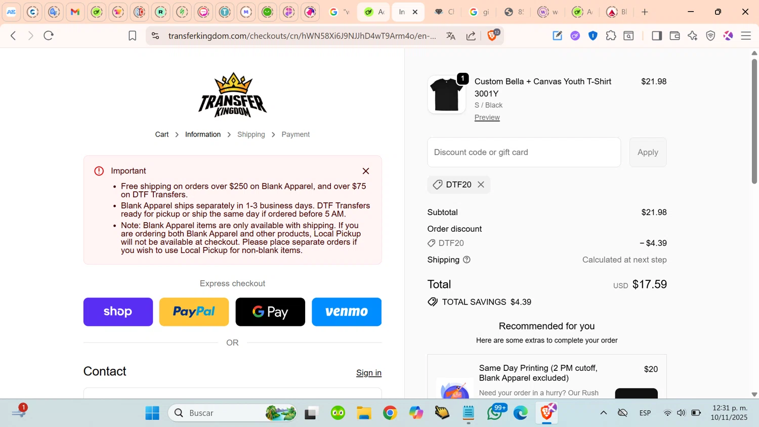Transfer Kingdom discount code screenshot showing code DTF20 applied at Transfer Kingdom checkout page. Uploaded by SimplyCodes community member cosita on Nov 10, 2025
