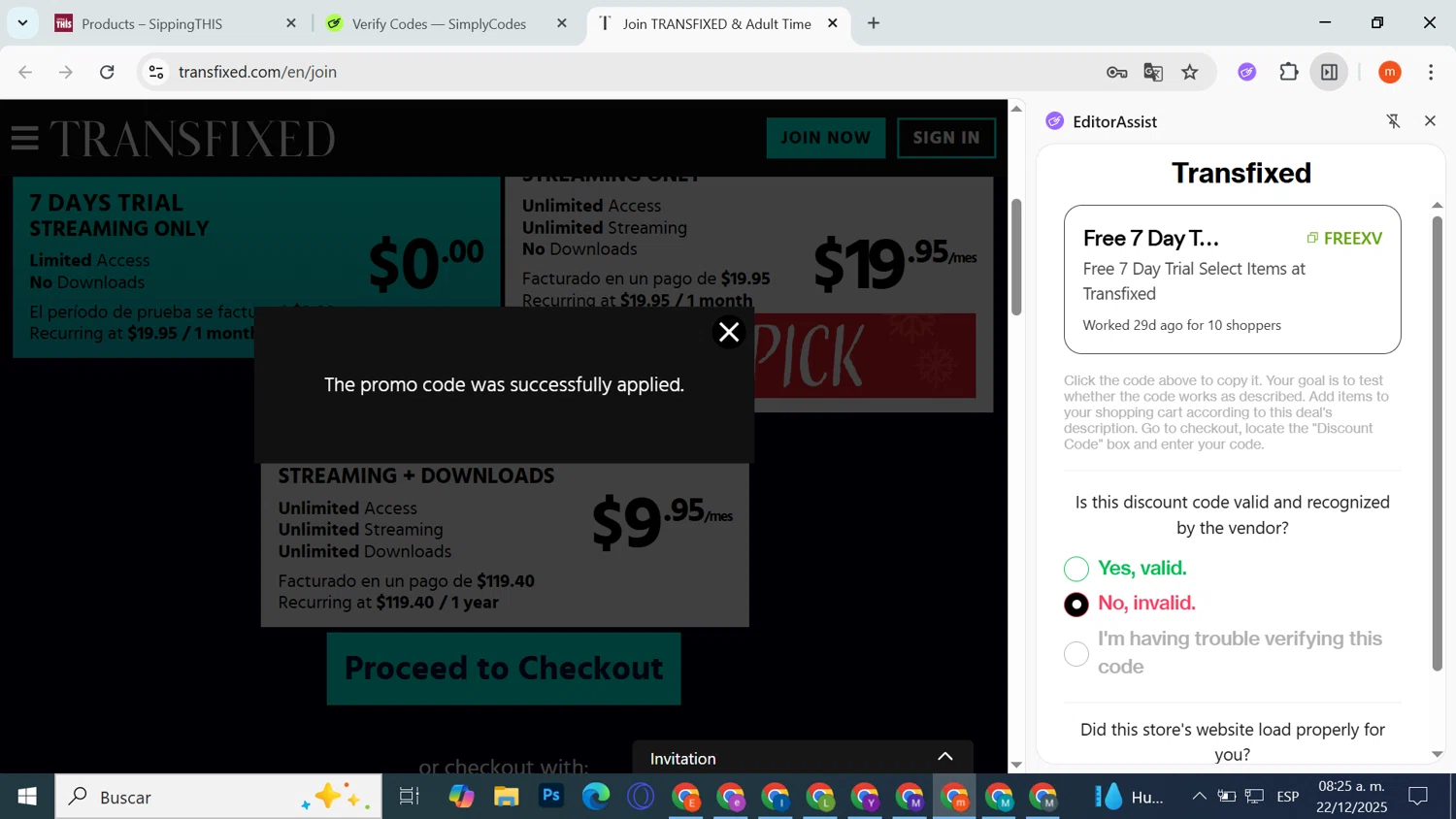 Transfixed promo code screenshot showing code FREEXV applied at Transfixed checkout page. Uploaded by SimplyCodes community member manuelescobar on Dec 22, 2025