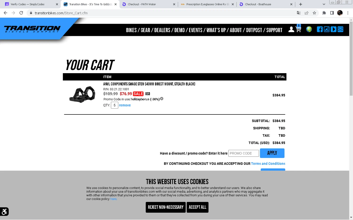 Transition Bikes checkout page showing Transition Bikes promo code box | Screenshot taken by SimplyCodes community member on Jan 12, 2024