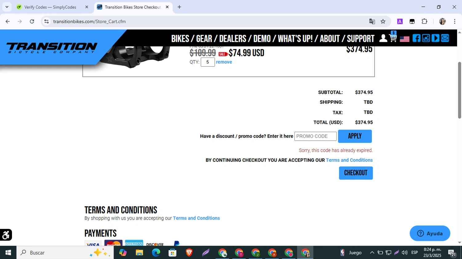 Transition Bikes promo code screenshot showing code holidaybonus applied at Transition Bikes checkout page. Uploaded by SimplyCodes community member SmartMonarch9718 on Mar 24, 2025