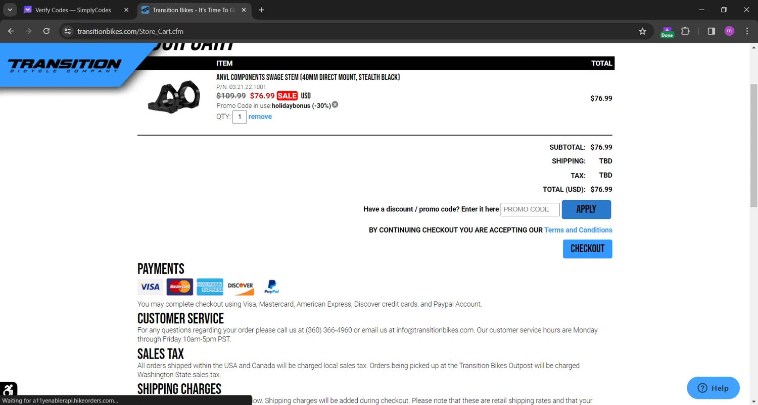 Transition Bikes checkout page showing Transition Bikes promo code box | Screenshot taken by SimplyCodes community member on Dec 13, 2023