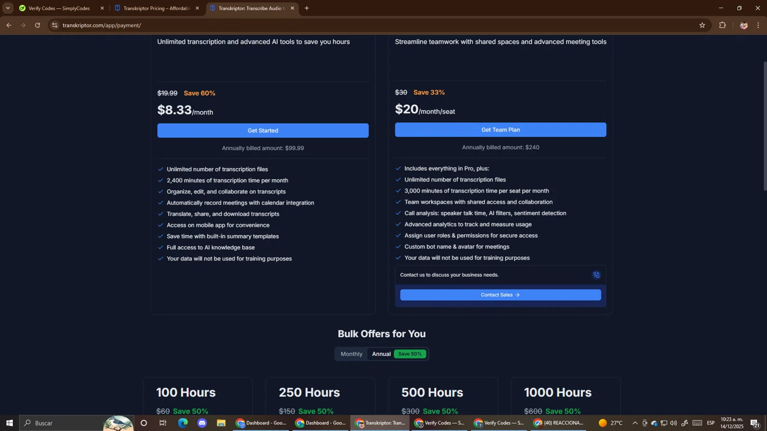 Transkriptor promo code screenshot showing code NEW50 applied at Transkriptor checkout page. Uploaded by SimplyCodes community member El_mynor on Dec 14, 2025