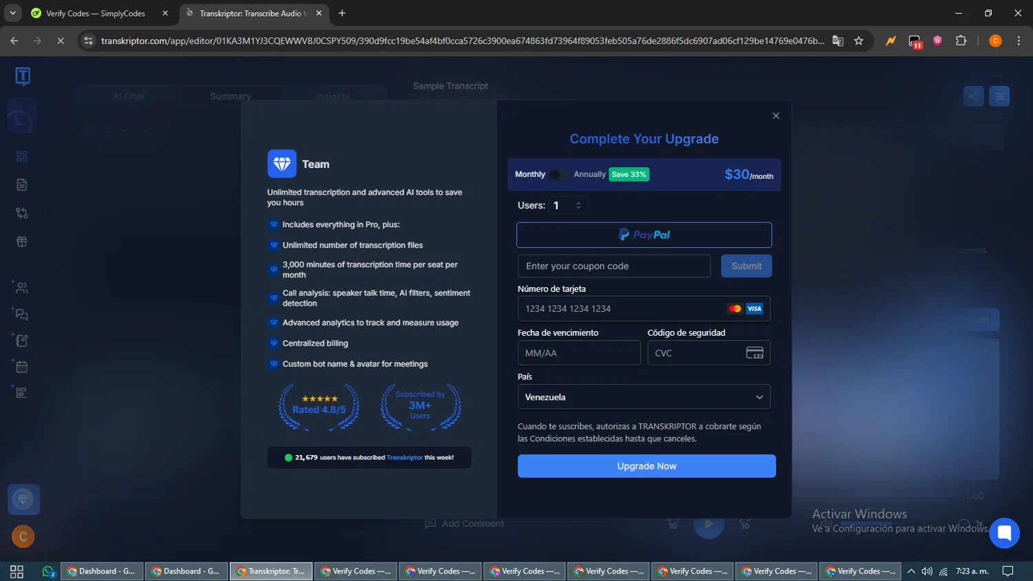 Transkriptor promo code screenshot showing code NEW50 applied at Transkriptor checkout page. Uploaded by SimplyCodes community member guest_192805448 on Nov 15, 2025