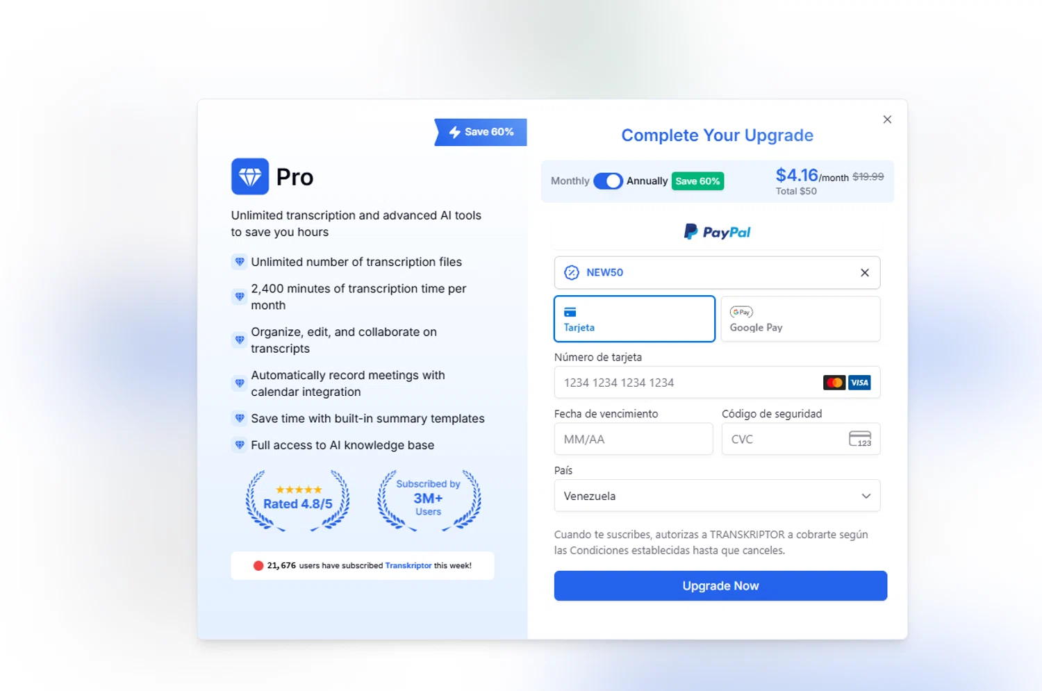 Transkriptor promo code screenshot showing code NEW50 applied at Transkriptor checkout page. Uploaded by SimplyCodes community member xier22 on Nov 15, 2025