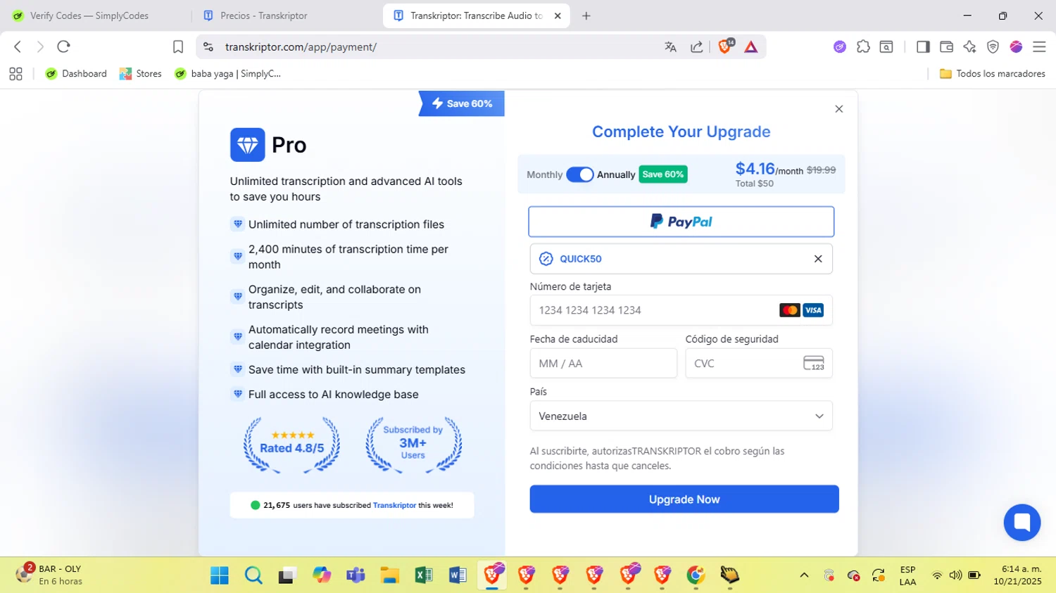 Transkriptor promo code screenshot showing code QUICK50 applied at Transkriptor checkout page. Uploaded by SimplyCodes community member BrilliantSpotter8809 on Oct 21, 2025