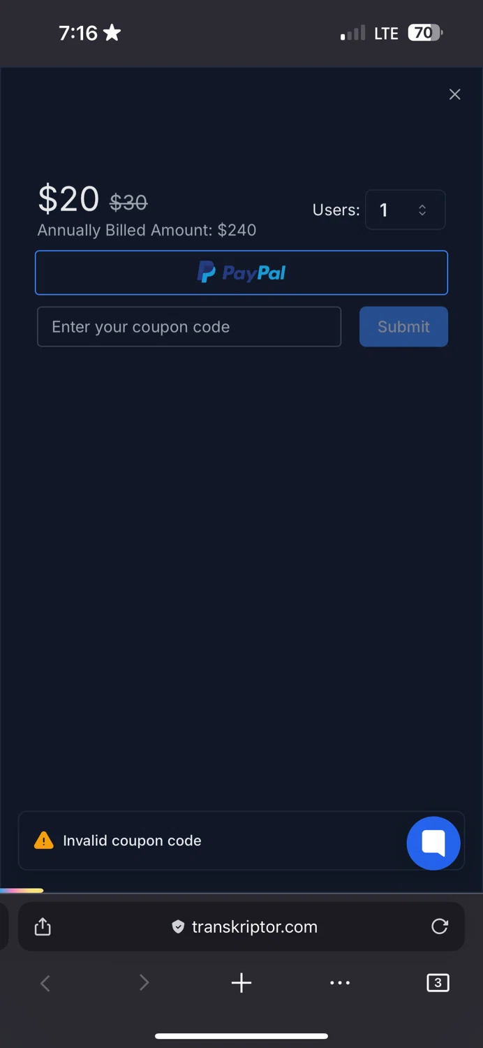 Transkriptor promo code screenshot showing code QUICK50 applied at Transkriptor checkout page. Uploaded by SimplyCodes community member DiscountSleuth2229 on Oct 21, 2025
