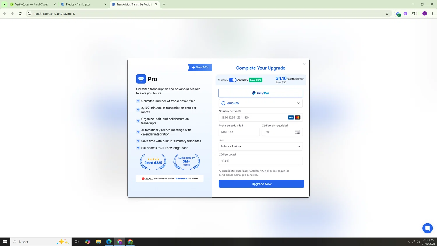 Transkriptor promo code screenshot showing code QUICK50 applied at Transkriptor checkout page. Uploaded by SimplyCodes community member Hasta_El_Final on Oct 21, 2025